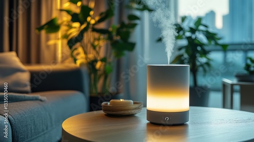 Relaxing aromatherapy diffuser on a coffee table in a modern living room at night.