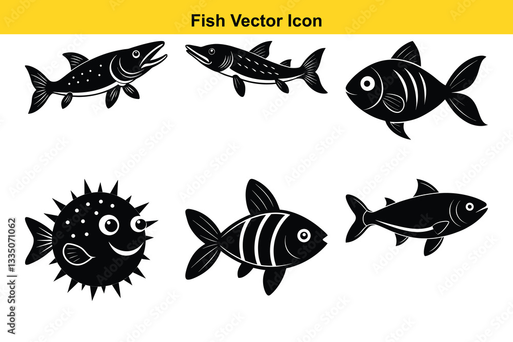 Naklejka premium Fish Vector Icon: A collection of six stylized fish icons in a monochrome palette, showcasing various aquatic species and their unique shapes. Suitable for design projects