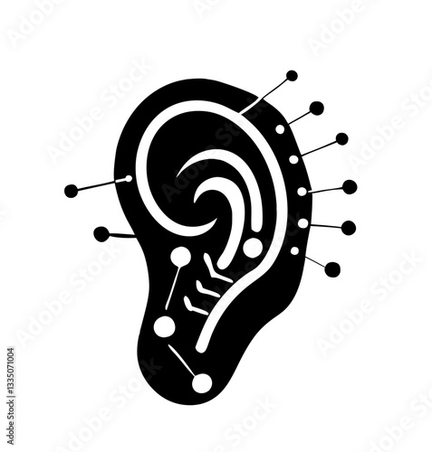 Acupuncture ear with needles, represents reflexology and wellness concept, vector illustration