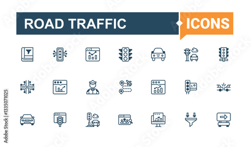 Road Traffic line icon. It contains symbols to pedestrian, road, transport, jam and more. Traffic icon set. Minimalist editable vector stroke. Editable vector outline and solid icons.