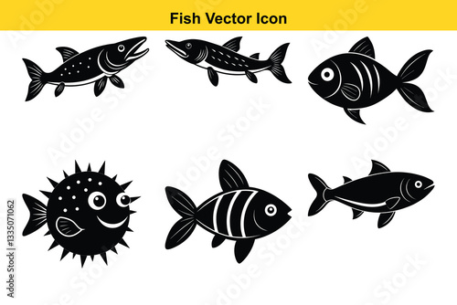 Fish Vector Icon: A collection of six stylized fish icons in a monochrome palette, showcasing various aquatic species and their unique shapes. Suitable for design projects