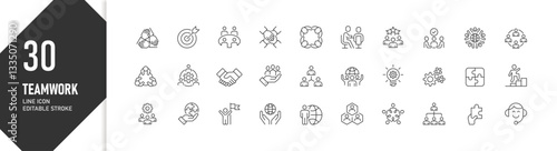 Teamwork Line Icons for Business Collaboration, Corporate Strategy, and Leadership in Office, Editable Stroke Icon Set for Web and Print