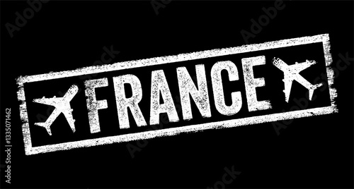 France - the country located in Western Europe, it is known for its rich history, cultural heritage, and significant influence in global affairs, text emblem stamp with airplane