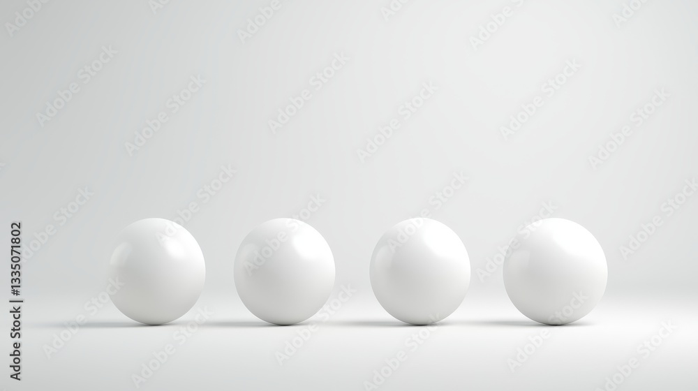 Four white spheres are lined up in a row on a white surface against a white background. Four white spheres are lined up in a row on a white surface against a white background.