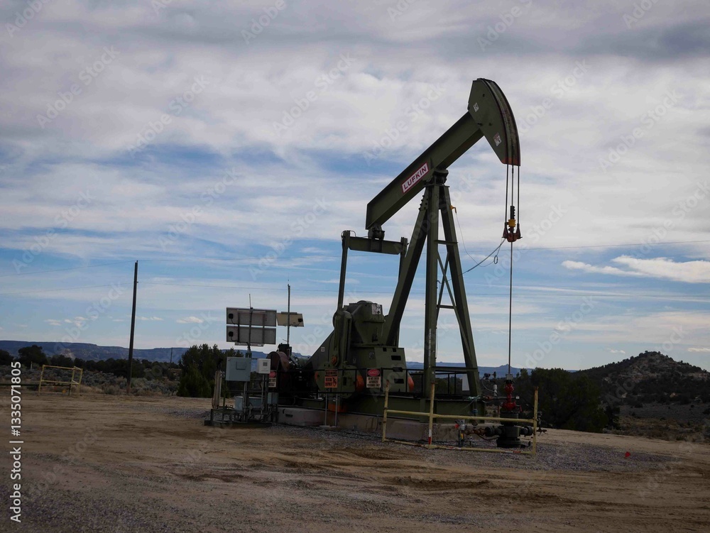 Oil well in Farmington New mexico with cloudy sky