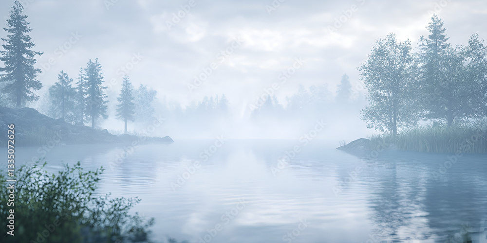 Winding River Flowing Through a Misty Landscape Creating a Serene Scene Winding River Flowing Through a Misty Landscape Creating a Serene Scene