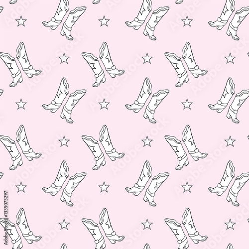 Wallpaper Mural A seamless pattern featuring hand-drawn cowboy boots and stars on a soft pink background. Perfect for fabric, wallpapers, or digital designs with a western aesthetic Torontodigital.ca