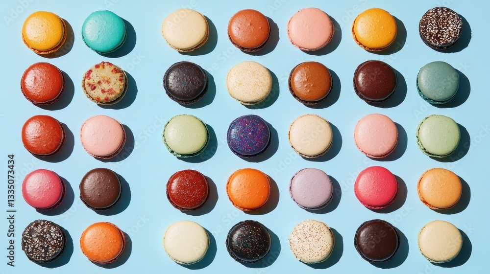 Colorful macarons arranged in a grid pattern on a light blue background Colorful macarons arranged in a grid pattern on a light blue background