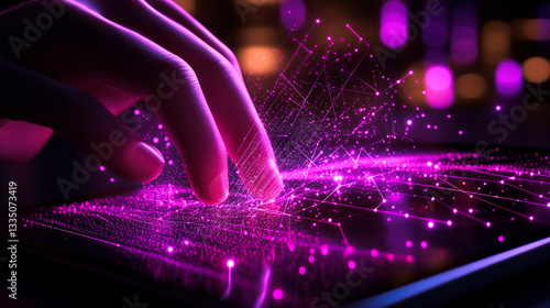 Interactive digital surface showing neural network data visualization with a finger touch