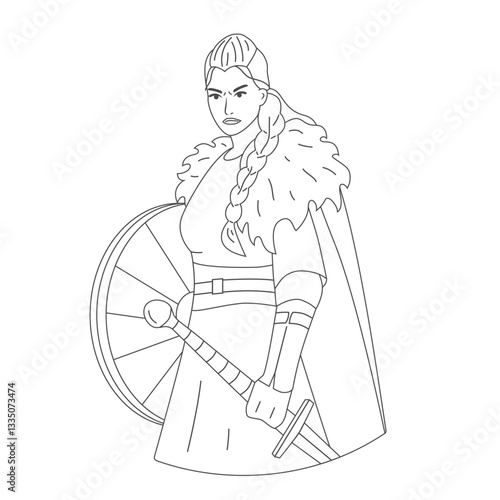 Scandinavian viking woman holding sword and shield. Nordic strong girl warrior in armor. Vector outline character of medieval valkyrie. Line illustration of norse barbarian fighter