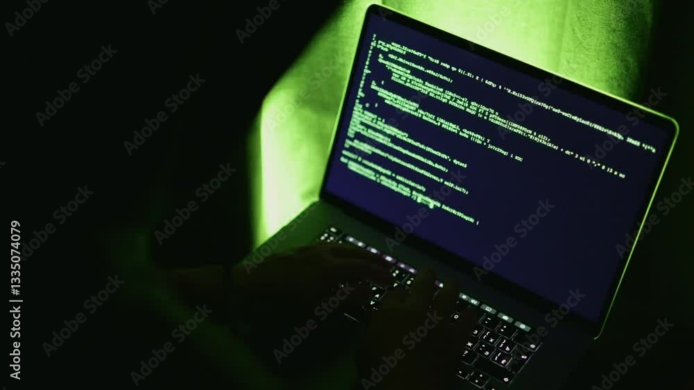 Developer sits at laptop with green backlight, typing computer code on keyboard, which is displayed in green characters on the developer's monitor. View over developer's shoulder, dimly lit scene