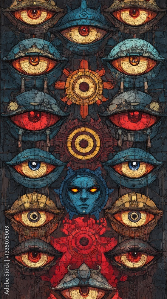 Naklejka premium A dynamic stained glass eye design showcasing bright colors, complex patterns, and a fascinating central iris, resulting in a captivating visual experience