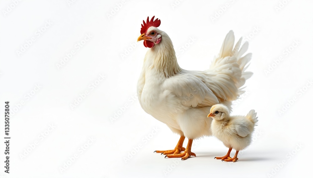 Hen with chick portrait on transparent background. Mother chicken with baby looks at camera. New life, care, easter, spring, family values, healthy organic food. Perfect for agriculture, farming