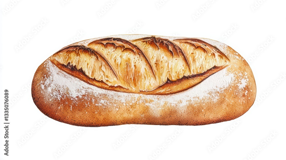 Rustic Watercolor Painting of a Freshly Baked Baguette with Dusting of Flour on Crust Rustic Watercolor Painting of a Freshly Baked Baguette with Dusting of Flour on Crust