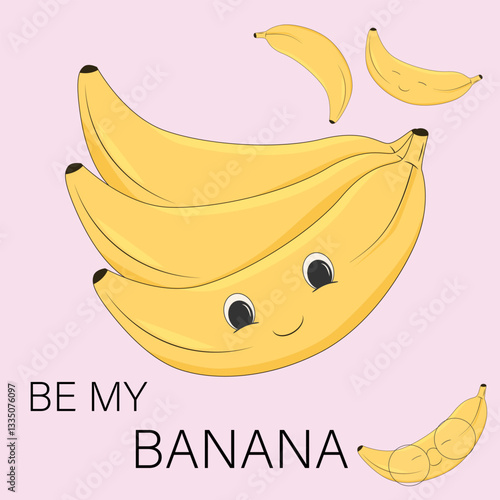 set of funny bananas. set of illustrations of funny live bananas big and small. be my banana inscription, picture with bananas for poster stickers or covers