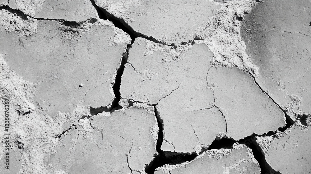 Obraz premium Cracked Dry Soil Texture Background in Black and White Photography