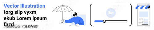 Person with umbrella, video play slider bar, and storefront showcase digital tools, creativity, media engagement. Ideal for business, marketing, e-commerce, tutorials presentations apps simple