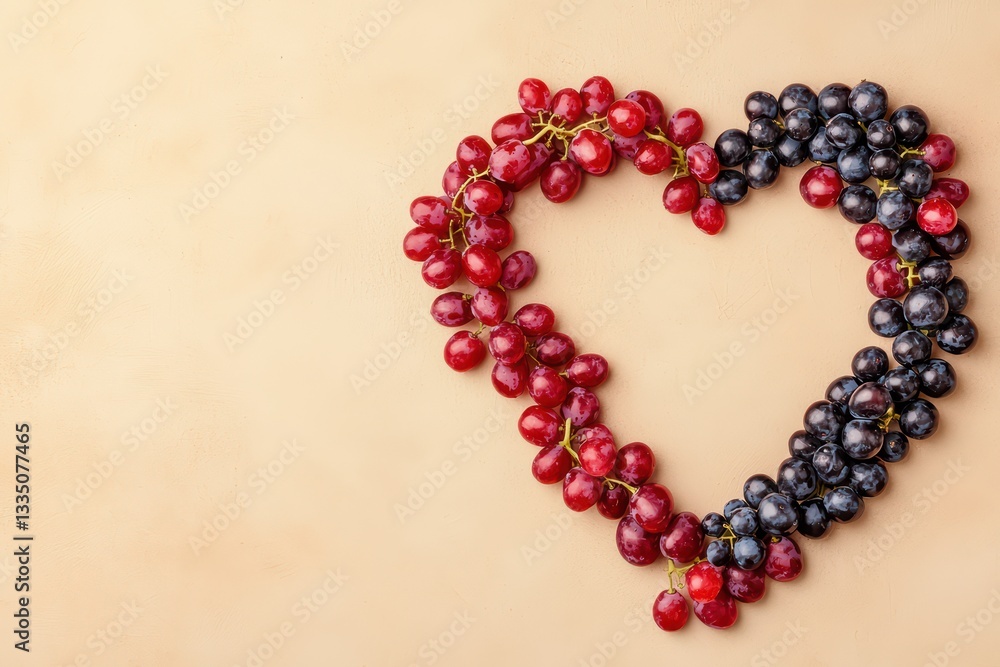 Heart Shape Created with Red and Black Grapes on a Soft Beige Background Heart Shape Created with Red and Black Grapes on a Soft Beige Background