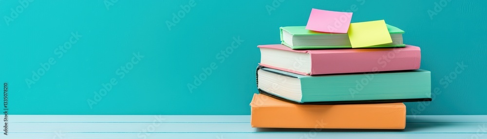Stack of Colorful Books with Sticky Notes on a Vibrant Teal Background for Learning Concepts Stack of Colorful Books with Sticky Notes on a Vibrant Teal Background for Learning Concepts