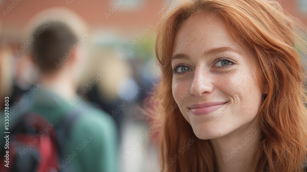 custom made wallpaper toronto digitalSmiling young woman with red hair, blue eyes looking at camera, blurred background, student lifestyle.