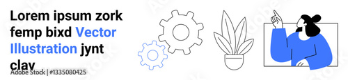 Gears, potted plant, and woman pointing at text block highlight concepts of creativity, teamwork, mechanics, and learning. Ideal for business, education, design brainstorming collaboration