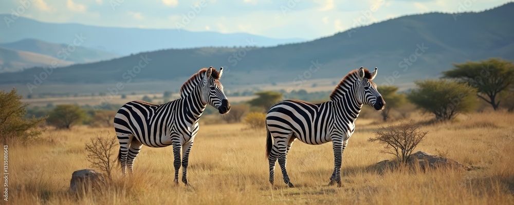 Obraz premium Two zebras stand in Kenyan savanna with mountains at horizon. Striking stripes contrast against backdrop of grassland hills, clear blue sky. Serene environment evokes tranquility, connection nature,