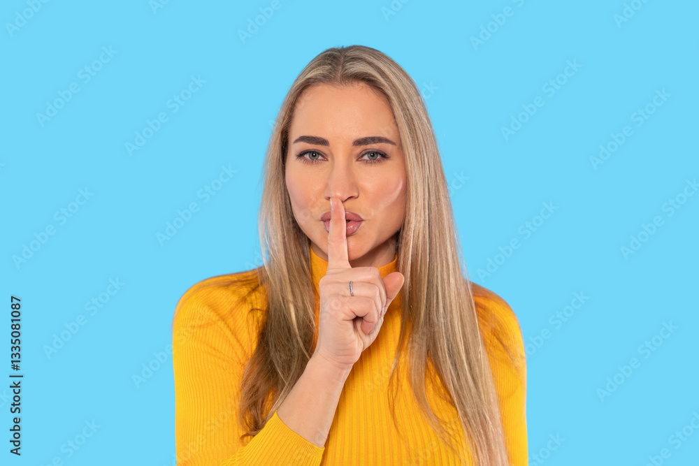 Quiet expression from a woman in a yellow sweater against a bright blue background highlighting her gesture of silence Quiet expression from a woman in a yellow sweater against a bright blue background highlighting her gesture of silence