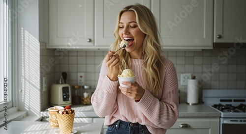 Wallpaper Mural Young blond woman eating ice cream in modern kitchen. Home comfort and summer treat. Lifestyle. Sweet dessert for blog, advertising Torontodigital.ca
