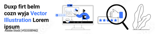 Computer screen displaying analytics and graph data, magnifying glass zooming into user reviews with stars, and a simple decorative plant. Ideal for data analysis, reviews, teamwork, business growth