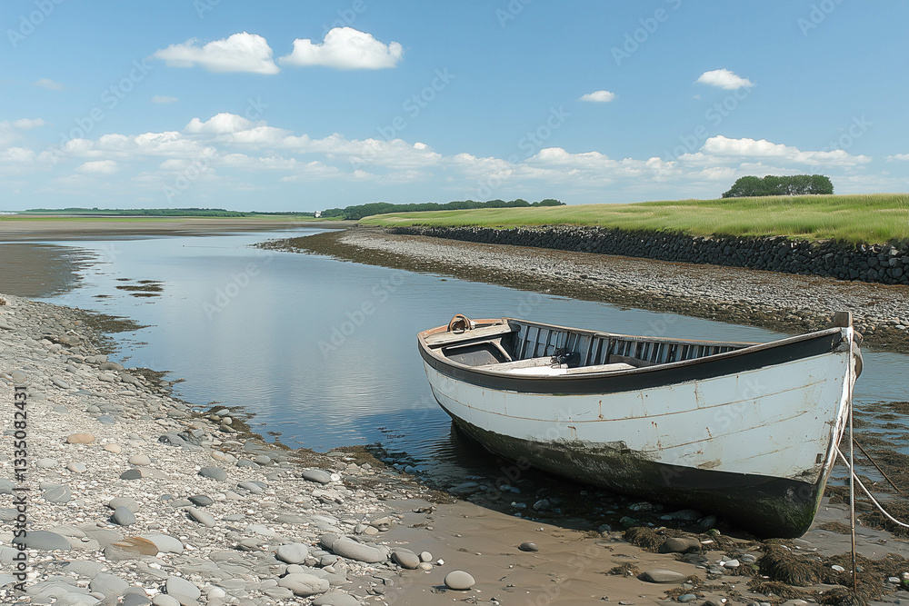 Abandoned boat on serene riverbank under clear sky with grass field Abandoned boat on serene riverbank under clear sky with grass field