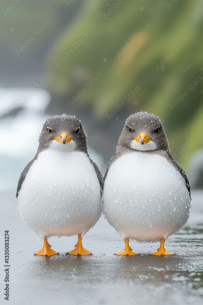 Obraz premium Two adorable penguins with dewy feathers standing on wet pathway