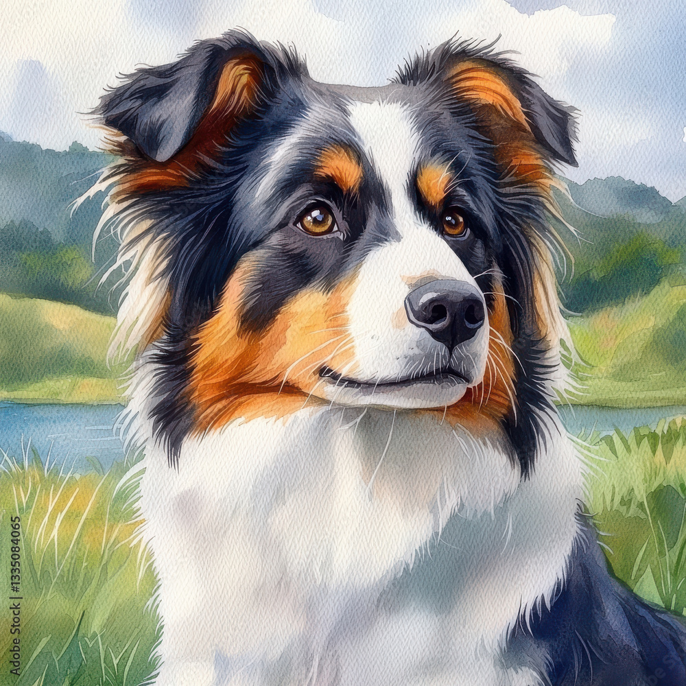 Fototapeta premium hand drawn portrait of Australian Shepherd with serene outdoor background