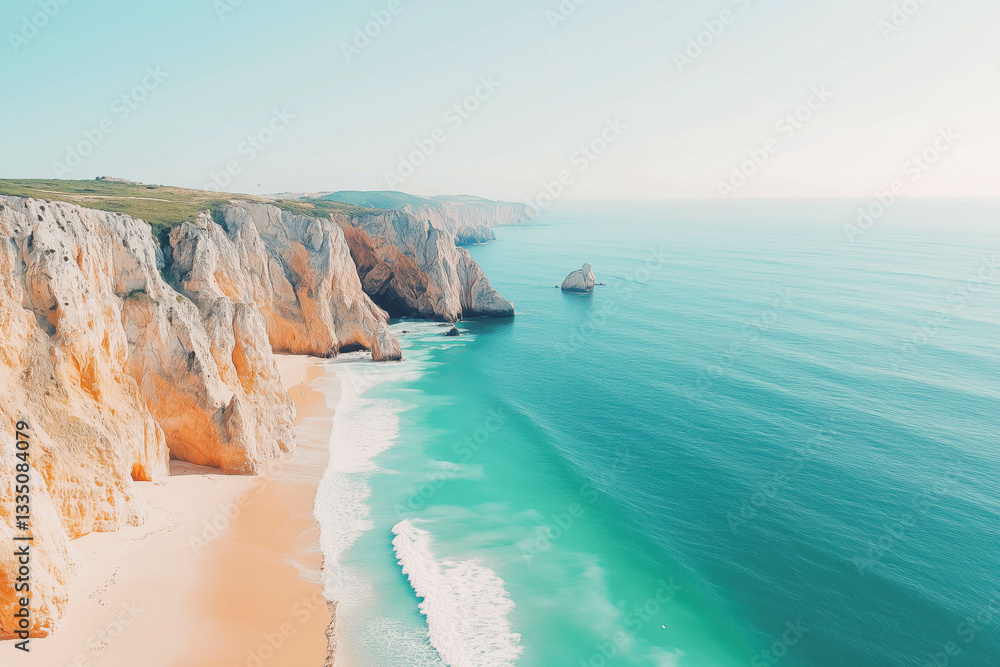 Coastal serenity: majestic cliffs and pristine beach at sunrise Coastal serenity: majestic cliffs and pristine beach at sunrise