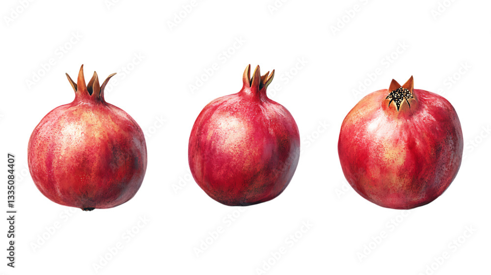 Pack Pomegranates Set in Three Different Poses Against Transparent Background for Food Packaging, Juice Branding, or Health Campaigns Pack Pomegranates Set in Three Different Poses Against Transparent Background for Food Packaging, Juice Branding, or Health Campaigns