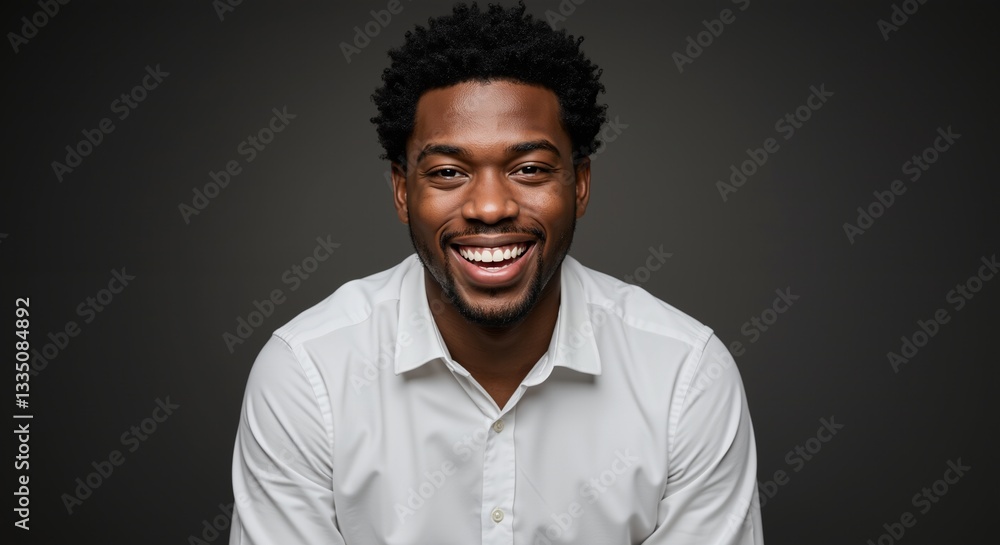 Fototapeta premium Cheerful African American man with beaming smile in a white shirt on gray background. Headshot portrait for business, advertising, marketing. Professional corporate headshot.