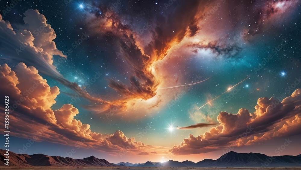 Fototapeta premium Cosmic sky with swirling nebula over mountain peaks. Fantasy, celestial design perfect for space, dreamlike, or spiritual themes.