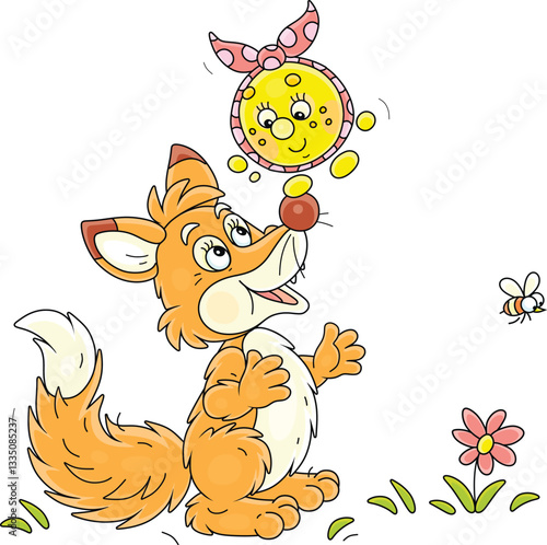 Sly red fox and a trusting freshly baked round loaf Kolobok talking on a path in a summer forest, vector cartoon illustration on a white background