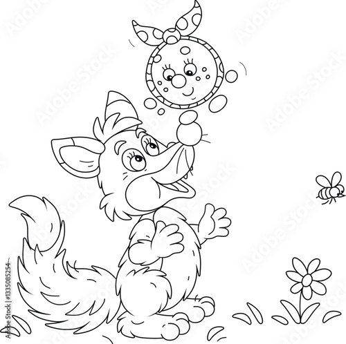 Sly fox and a trusting freshly baked round loaf Kolobok talking on a path in a summer forest, black and white outline vector cartoon illustration for a coloring book