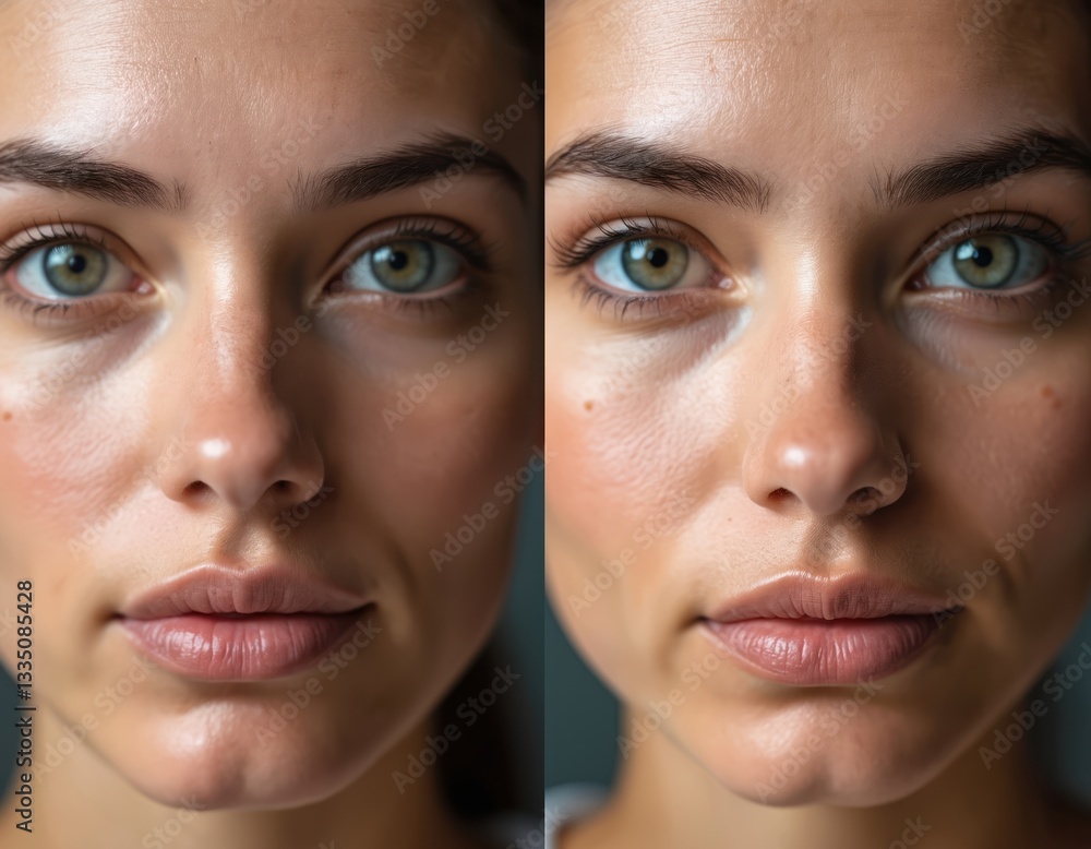 Photo shows before and after skin treatment. Comparison of woman face with dark circles and wrinkles around eyes. Cosmetic procedure results, problem skin before and healthy young skin after therapy. Photo shows before and after skin treatment. Comparison of woman face with dark circles and wrinkles around eyes. Cosmetic procedure results, problem skin before and healthy young skin after therapy.