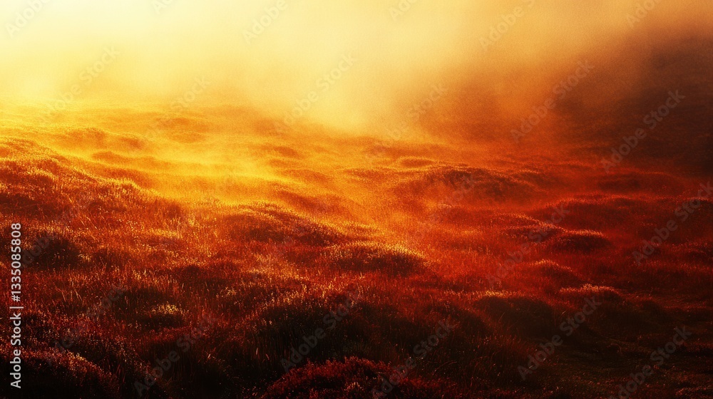 Fototapeta premium Golden Sunrise Over Misty Meadow with Vibrant Orange Hues
