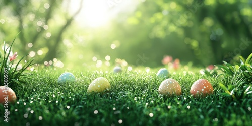Colorful decorated eggs hidden in lush grass under bright sunlight in a serene garden setting during springtime