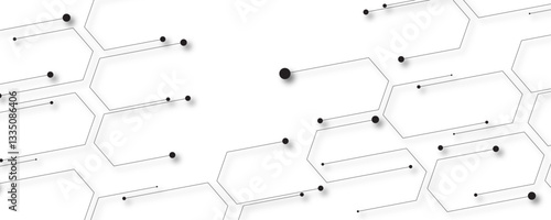 Gray and white technology background digital systems Hi-tech technology pattern.	Black on white abstract particles connection background with hexagon. Hi tech digital connect, communication vector.