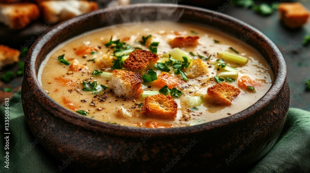 Creamy vegetable soup with croutons Creamy vegetable soup with croutons