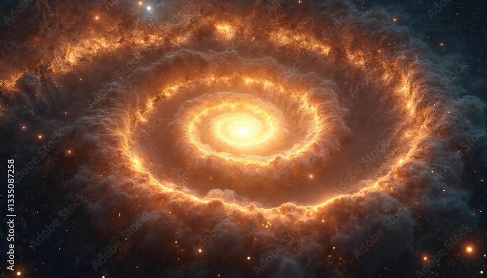Fototapeta premium Majestic spiraling galaxy glows with gold light and cosmic dust. Swirled structure of infinite cosmos, universe filled with bright stars. Astronomy, science, nature and mystery concepts.