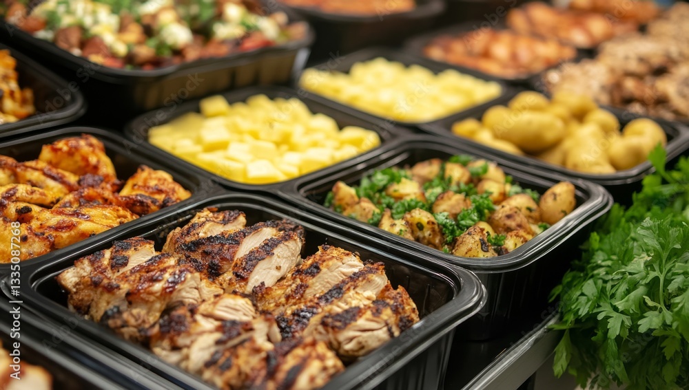 Prepared grilled chicken and sides in plastic containers Prepared grilled chicken and sides in plastic containers