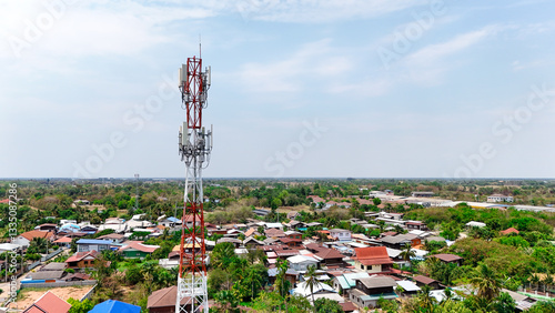 Telecommunication tower of 4G and 5G cellular. Antenna transmission communication. Cell phone signal base station.
