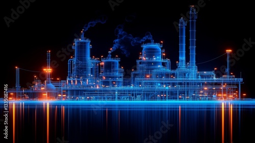 Power generation action at industrial plant futuristic design night setting reflective water dynamic environment