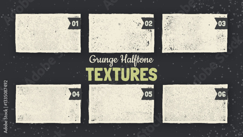 6 Grunge Halftone Textures. Dirty Background. Concrete Wall Scratched Material. Vintage Wallpaper Concept. Retro Rough Dots