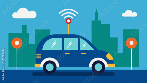 SelfDriving Vehicle A compact autonomous car with various sensors on its body driving along a city street with visual indicators illustrating its ability to detect and respond to