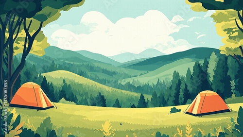 Scenic mountain landscape featuring two tents for camping in the great outdoors.